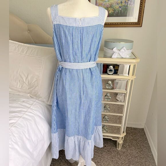 Talbots STRIPE TIE WAIST LINEN MIDI DRESS - Picture 6 of 8